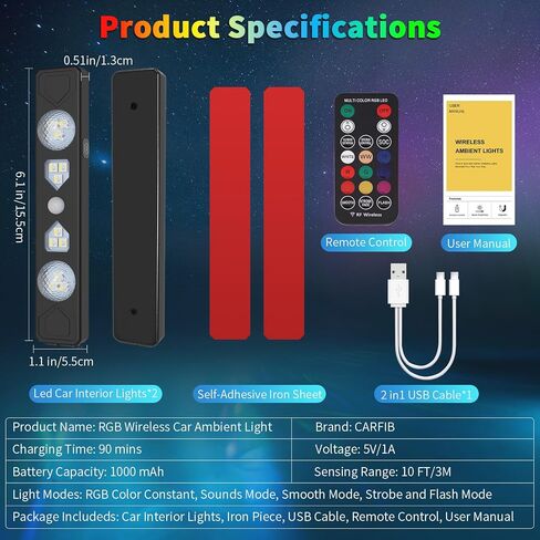 Wireless Interior Car Lights with Remote RGB Sound Control Ambient Neon Accent Starry Lighting Kits USB Rechargeable Magnetic Underglow LED Atmosphere Lights for Car Truck SUV 2Pcs in Saudi Arabia