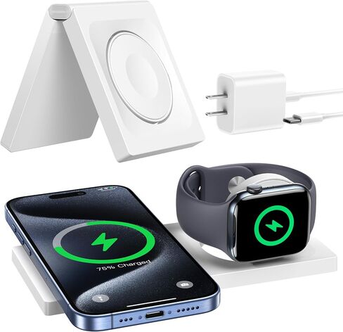 2 in 1 Foldable Wireless Charger for Apple Charging Station Magnetic Wireless Charging Pad Magsafe Charger for iPhone 12/13/14/15 Pro Max AirPods iWatch Travel Charger for Multiple Devices in Saudi Arabia