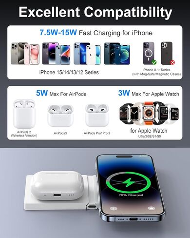 2 in 1 Foldable Wireless Charger for Apple Charging Station Magnetic Wireless Charging Pad Magsafe Charger for iPhone 12/13/14/15 Pro Max AirPods iWatch Travel Charger for Multiple Devices in Saudi Arabia