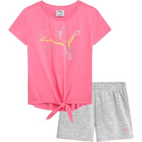 PUMA Girls' Active Shorts Set - 2 Piece Performance T-Shirt and Gym Shorts or Bike Shorts - Athletic Outfit for Girls (S-L)