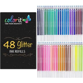 ColorIt 48 Gel Pen Ink Refills for Glitter, Metallic, and Neon - Color Coded for Easy Replacement (Glitter)