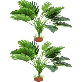 2 Pack Fake Monstera Plant Tank Decor, Realistic Artificial Plastic Plant Decoration for Reptile Amphibian Habitat Terrarium, Decor Accessories for Bearded Dragon Betta Fish Tortoise Chameleon Lizard