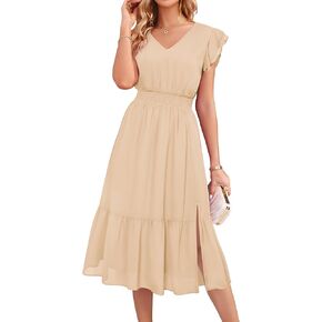 GRACE KARIN Women's V Neck Ruffle Sleeve Summer Dress 2025 Split Flowy Tiered Midi Dress Wedding Guest Cocktail Dresses