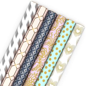 Hallmark Wrapping Paper with Cutlines on Reverse (6 Rolls: 180 Sq. Ft. Total) White and Silver Stripes, Mint Green, Gold Hearts and Flowers for Weddings, Bridal Showers, Birthdays