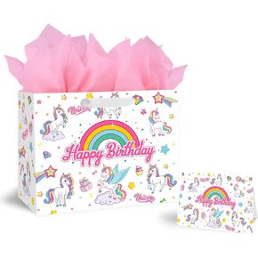 BATYONGOGA Large 13" Unicorns Birthday Gift Bag with Handles, Greeting Card, and Tissue Papers Rainbow themed for Kids Birthday Party, Boys, Girl, Baby boy, Baby Shower