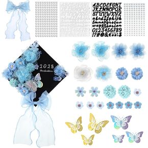 35 Pcs DIY Graduation Cap Decorations Accessory Kit, 3D Artificial Flowers, Butterfly & Alphabet Letter Stickers, Pearl Stickers, Bowknot for Grad Hats Decor(Green)