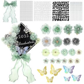 35 Pcs DIY Graduation Cap Decorations Accessory Kit, 3D Artificial Flowers, Butterfly & Alphabet Letter Stickers, Pearl Stickers, Bowknot for Grad Hats Decor(Green) in Saudi Arabia
