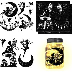 CHGCRAFT 4 pcs 2 Styles Elf Flower Fairy Wreath Cutouts Decals Moon Fairy Cutouts Mushroom Fairy Silhouette Embellishments for Lantern Jars Scrapbooks Mobile Phones Decoration, 5.9x 6.69inch