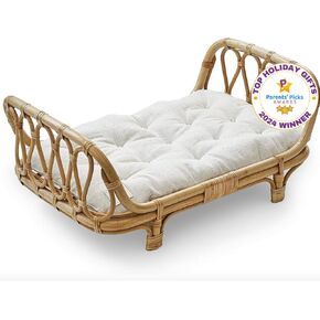 Small Premium Rattan Baby Doll Bed 17 x 10 x 7,5 in –Handcrafted & Award-Winning - Perfect First Wooden Doll Bed - Luxe Mattress (Small)