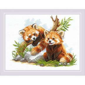 RIOLIS - Red Panda Cubs 2257, Animals Cross Stitch Kits 15¾"x11¾, Cross Stitch Kits for Beginners & Advanced, Crossstitching Kits Adult, Counted Stitching Kits, Nature Embroidery Kit