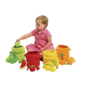 Excellerations Plush Fruits and Vegetable Sorting and Counting Toy for Toddlers, 20 Plush Sorting Pieces and Colored Bins, Early STEM Toddler Learning Toy
