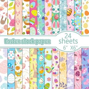 24 Sheet Easter Scrapbook Paper, 12 Designs Easter Bunny Eggs Chicken Carrots Pattern Art Craft Paper for Spring Easter Card Making Photo Album, 6x6in (B, 6 x 6 inch)