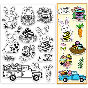 PH PandaHall Easter Clear Stamp for Card Making, Cartoon Rabbit Eggs Silicone Stamp Cute Carrot Transparent Rubber Stamp for Invitations, Journal, Gift Tags, Paper Crafting Photo Albums, Scrapbooking