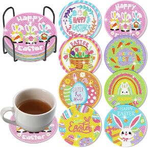 8 PCS Easter Diamond Painting Coasters Diamond Art Coasters DIY Diamond Coasters Coasters Coasters for Beginner Chils Kids Art Table Decor Home Craft Gift Supplies (Bunny Style)