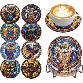 CROSHOM 8 Pitch Diamond Art Painting Coasters Kit - Owl Diamond Art Coasters ، مشاريع Diy Diamond Art Crafts ، مجموعات Diamond Dot للبالغين والمبتدئين (Owl Style)