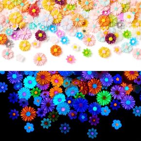 KISSITTY 200pcs Glow in The Dark Flowers Colorful Nail Beads Decorations Luminous Resin Cabochons Embellishments for Crafts Jewelry Scrapbooking Making Resin Filler Key Chains Earrings