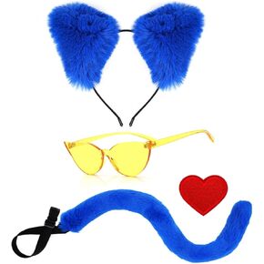4Pcs Cartoon Cat Role Play Accessories Set Including Cat Ears Headband Tail Red Heart Cloth Stickers Yellow Cat-eye Glasses for Fancy Dress Up Costume