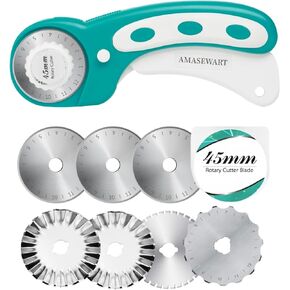 45mm Rotary Cutter for Fabric with 8pcs Rotary Blades, Rolling Fabric Cutter Crochet Edge Skip Stitch Blade Perforating Rotary Cutter, Pinking Rotary Cutter for Quilting Crafts Sewing