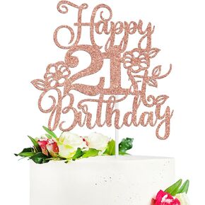 كعكة عيد ميلاد سعيد الحادي والعشرين ، هتافات إلى 21 سنة/قانونية 21 ، زهرة الحادي والعشرون/الذكرى السنوية لوازم زخرفة الحفلات لها ، Rose Gold Glitter