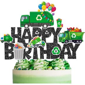 Garbage Truck Birthday Cake Topper Trash Truck Cake Decorations Glitter Black Garbage Truck Themed Cake Pick Trash Truck Birthday Party Supplies for Waste Management Baby Shower Decor