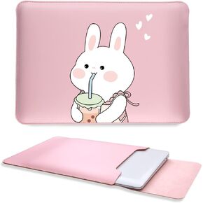 Cute Bunny Laptop Sleeves 14 Inch, Pink Faux Leather Cover Case for Women Girls, Compatible with MacBook Pro 14 2021/Air 13 2010-2017/Pro 13 2012-2016, Bunny A/Pink