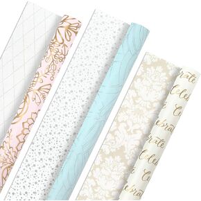 Hallmark Wedding Wrapping Paper Rolls for Birthday, Baby Shower, Bridal Shower, All Occasion - Metallic & Pastel Gold Floral Gift Wrap Paper (Set of 3 Reversible Rolls: 75 sq. ft. ttl.)