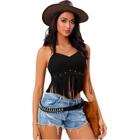 Women's Y2K Fringe Halter Top Western Cowgirl Tie Tank Top Tassel Rivet Faux Suede Hippie Crop Top 70s 60s Vintage in Kuwait