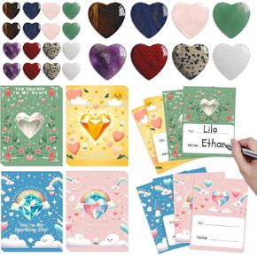 Valentines Day Cards for Kids School, 24 Sets Natural Heart Gemstone Crystal Kids Valentines Cards, Valentines Day Gifts for Kids Classroom, Valentines Cards for Boy Girl