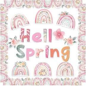 CY2SIDE Spring Boho Rainbow Cutouts - 98PCS Hello Spring Bulletin Board Set for Classroom Decorations Bohemian Rainbow Pink Flower Cardboard Trim Border Springtime Watercolour Floral Cutout for School