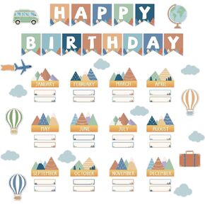 64-Piece Moving Mountains Happy Birthday Bulletin Board Set - Classroom Decoration, Cutouts, Chart, Calendar, Wall Decor