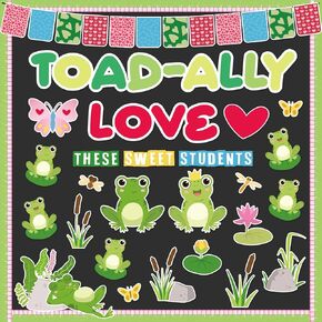Frog Bulletin Board Set Spring Summer Classroom Decorations Toad-Ally Love Bulletin Board Green Frog Name Tags Butterfly Heart Cutouts for Spring School Teacher Whiteboard Home Wall Party Decor 62PCS