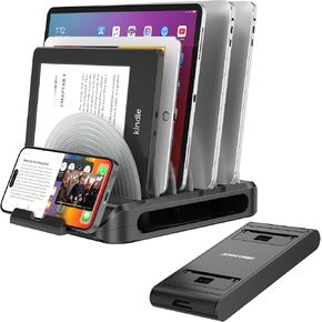 Vertical Laptop Stand for Desk, Patented Laptop Organizer Stand Multiple Rack Holder w/ 6 Dividers, Portable Phone Stand, 360° Rotating Base, Compatible w/MacBooks iPhones iPads Tablets