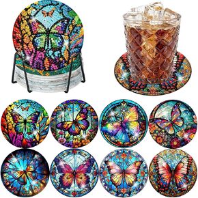 Diamond Art Coasters Kit for Adults, 8 Pcs Rose Diamond Painting Coasters Kit with Holder, DIY Non Slip Art Supplies for Beginners 4x4in