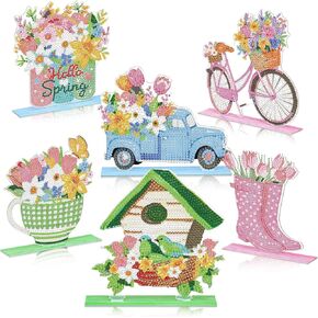 Moucuny 6 Pcs Spring Diamond Painting Sign Spring Flowers Desktop Ornaments Kits Diamond Painting Kits Desktop Table Signs Ornaments DIY Kits for Acrylic Paint Office Decorations