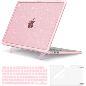 MOSISO Compatible with MacBook Air 13 inch Case 2025 2024 2023 2022 M3 A3113 M2 A2681, Heavy Duty Shockproof Sparkly Glitter Hard Case with Fold Kickstand&Keyboard Cover&Screen Protector, Pink