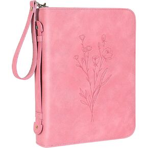 Large Bible Cover Case for Women, Leather Bible Case for Girl, Bible Bag with Handle, Detachable Wristlet Strap, Pink Bible Book Cover, Minimalist and Floral Design, 10.5 x 7.8 x 2.1 inch
