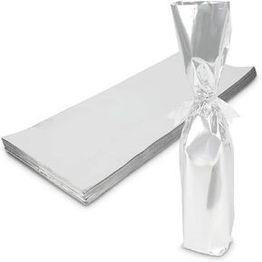 Sparkle and Bash Silver Foil Wine Bottle Gift Bags, Metallic Wraps (6.25 x 17.5 in, 100 Pack)