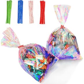 kamachic 120 Pcs Iridescent Cellophane Treat Bags 5x7 Inch, Holographic Candy Bags with Ties, Clear Favor Bags for Halloween, Christmas, New Year