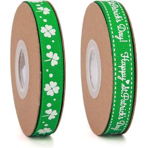 20 Yards Shamrocks Grosgrain Ribbons 3/8 Inch Irish Day St. Patrick's Day Themed Clover Polyester Ribbon for Gift Wrapping Party Decoration Craft and Sewing