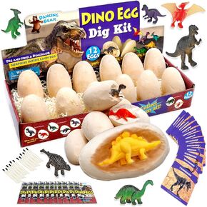 DANCING BEAR Dinosaur Egg Dig Kit Party Pack for 12 Kids, Excavate 12 Surprise Dinosaurs, Instruction Guides & ID Cards, Paleontology STEM Education, Fun Science Activity Gift Sets for Girls and Boys