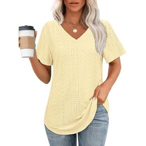 تي شيرت حريمي من OFEEFAN برقبة على شكل حرف V وأكمام قصيرة كاجوال، تي شيرتات أساسية فضفاضة مع حاشية منحنية