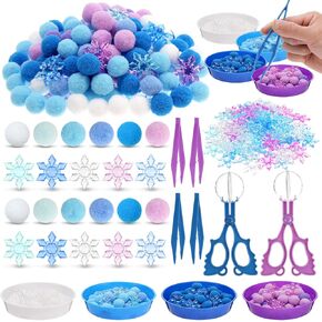 206 Pcs Winter Snowflake Fine Motor Toys Counting Sorting Winter Frozen Decorations Sensory Bin Filler 100 Pcs Winter Pompoms 100 Pcs Acrylic Snowflake 4 Cups for Winter Xmas Sorting Counting Training