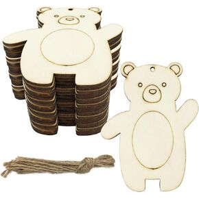 30pcs Bear Wood DIY Crafts Cutouts Blank Wooden Bear Shaped Hanging Ornaments with Hole Hemp Ropes Gift Tags for Kid's DIY Projects Christmas Party Decorations (3.0 x 3.9 x 0.1 in)