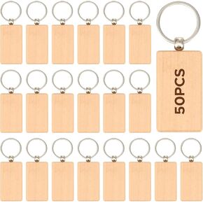 OMTech 50pcs Wooden Keychain Blanks, 2.2 x 1.2 in Rectangle Wood Key Chain Bulk, Unfinished Wooden Key Rings Key Tags for Laser Engraving Keychain Making DIY Craft Gift Accessories