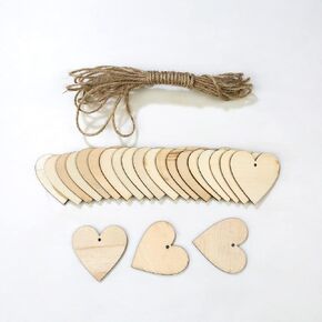 100 Pieces 2" Natural Heart Wood Slices, DIY Wooden Ornaments Unfinished Predrilled Wooden Heart Embellishments with Natural Twine for Valentine's Day, Wedding,Thanksgiving, Christmas