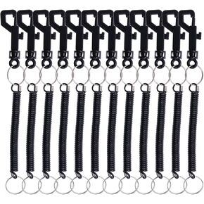 Mini Skater 12Pcs Black Flexible Anti-Lost Spring Coil Cord Keychain, Theftproof Elastic Keychain Ring Badge Card Clip Leash Lanyards, Slipping Switch Snap Hook Cord Retractable Key Ring