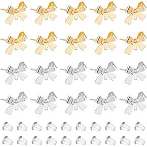 SUPERFINDINGS 20Pcs 2 Colors Bowknot Stud Earrings Brass Stud Earring Findings with Loop Bow Dangle Earrings with 40Pcs Plastic Ear Nuts for Dangle Earring Jewelry Making