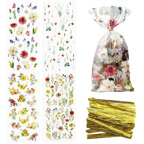 CANIPHA 100Pcs Wildflower Party Cellophane Treat Bags Plastic Floral Candy Cookie Packing Clear Goody Gift Bags Favor Decorations 4 Design with 100 Ties for Birthday Baby Shower Tea Party Supplies