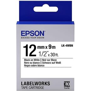 Epson LabelWorks Standard LK (Replaces LC) Tape Cartridge ~1/2" Black on White (LK-4WBN) - for use with LabelWorks LW-300, LW-400, LW-600P and LW-700 Label Printers