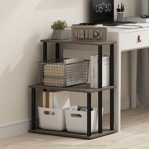 Furinno Turn-N-tube 3 مستويات ثلاثية الأغراض متعددة الأغراض رف تخزين العرض ، فرنسي البلوط الرمادي/الأسود